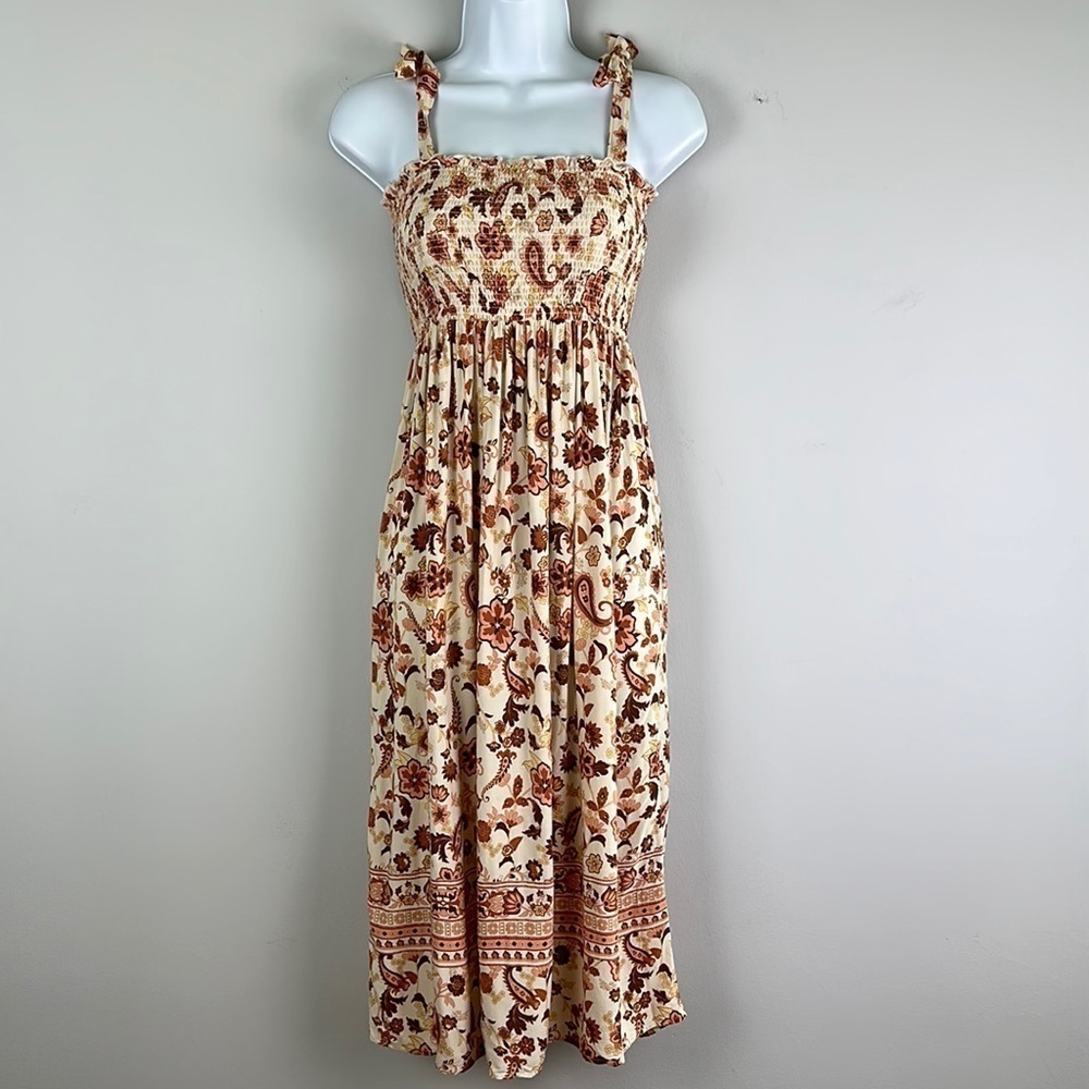 Rip Curl Tie Shoulder Smocked Desert Dawn Sun Dress Midi Lightweight Floral XS